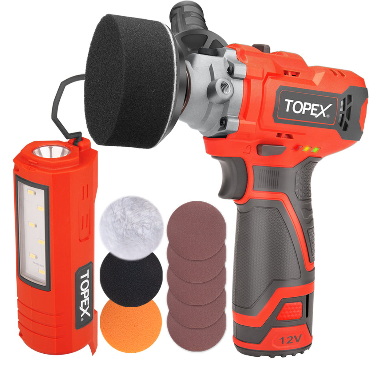 TOPEX 12V Cordless Polisher Lithium-Ion LED Torch w/ Battery & Charger ...