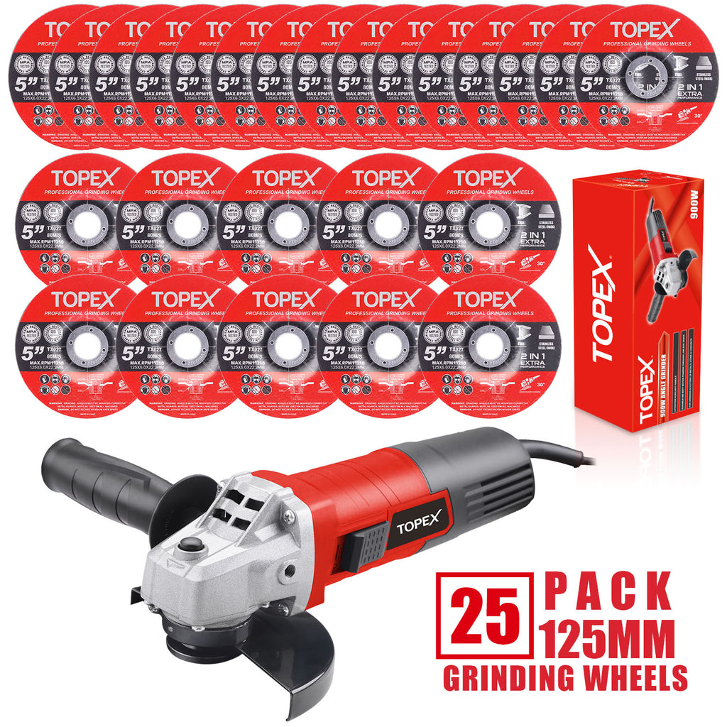 TOPEX Heavy Duty 900W 125mm 5'' Angle Grinder w/ 25PCs 5" Grinding Wheels