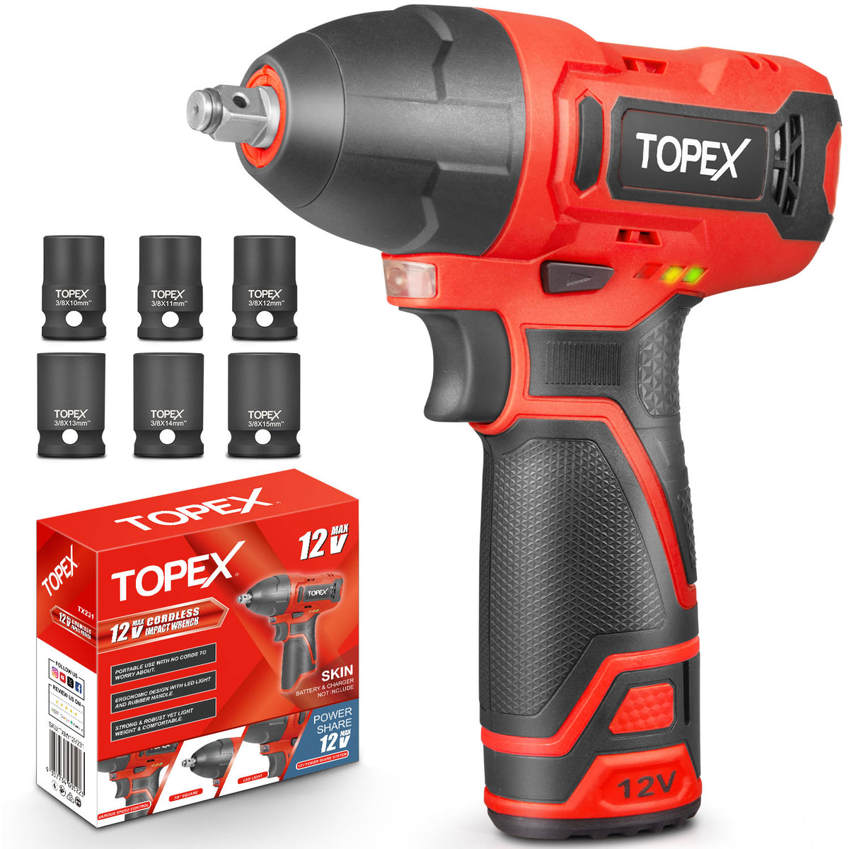 TOPEX 12V Cordless Impact Wrench with 3/8-Inch Chuck, Torque Max 120 N ...