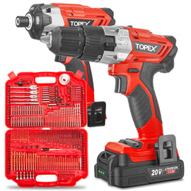 TOPEX 20V Cordless Hammer Drill Impact Driver Power Tool Combo Kit w/ Drill Bits