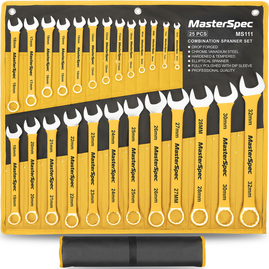 MasterSpec 25pcs Combination Spanner Set - Open Box End Wrench 6mm - 32mm Size, 15 Degree Offset Angle for Automotive Repair Furniture Assembly