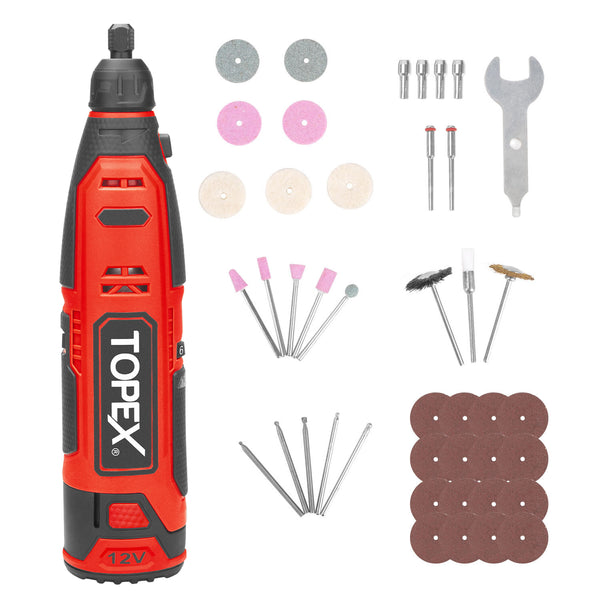 TOPEX 12V Cordless Rotary Tool Speed 5000-25000rpm With 12V 2.0Ah Lithium-Ion Battery&14.4V /0.4A charger