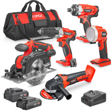 Load image into Gallery viewer, TOPEX 20V Cordless Power Tool Kit Cordless Drill Impact Driver Angle Grinder Circular Saw LED Torch w/ Tool Bag