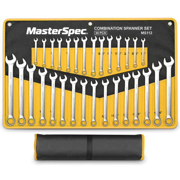 MasterSpec 30pcs Combination Spanner Set | SAE 1/4" to 1", Metric 6mm to 24mm, 15° Offset Box End & 12-Point Design for Automotive Repair Furniture Assembly