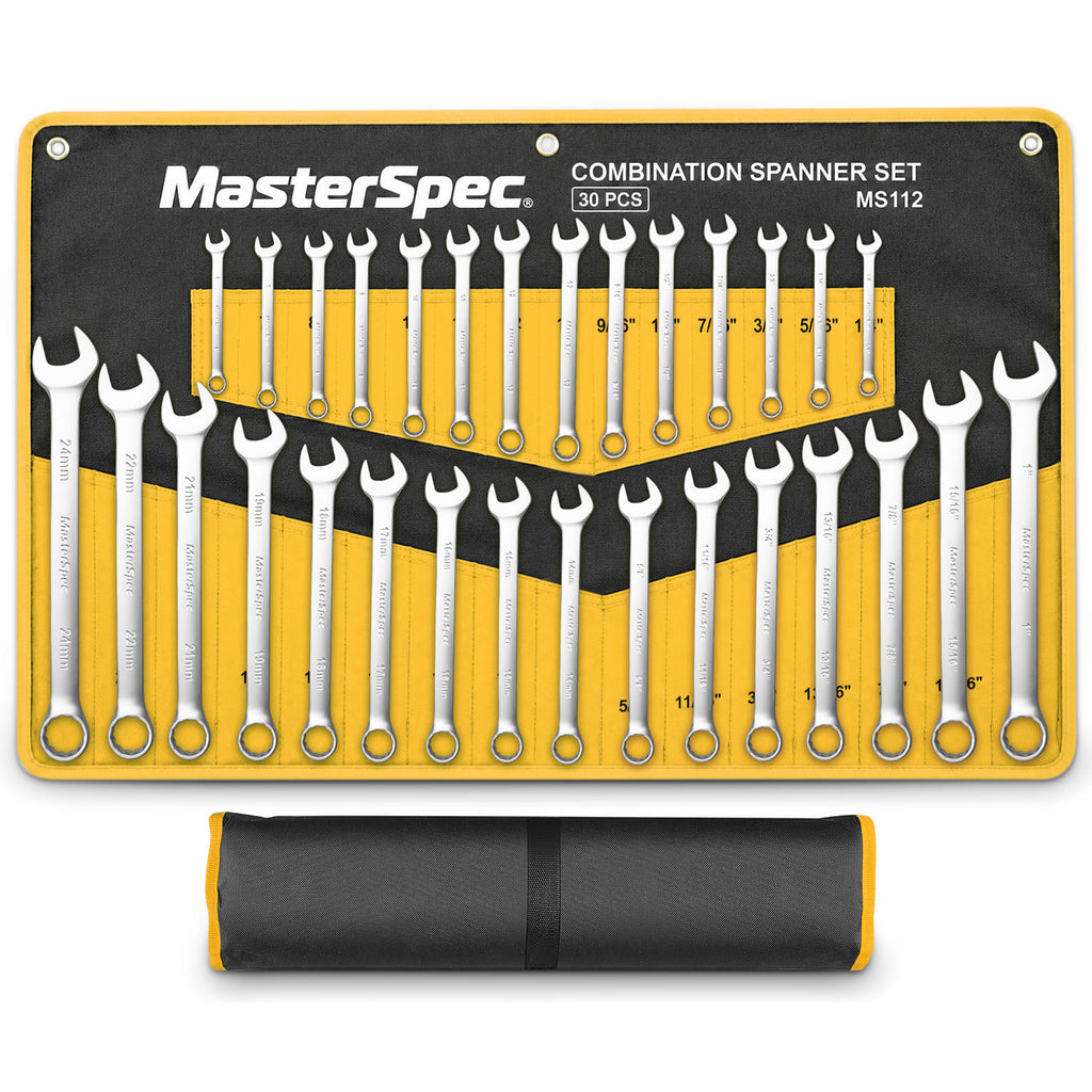 MasterSpec 30pcs Combination Spanner Set | SAE 1/4" to 1", Metric 6mm to 24mm, 15° Offset Box End & 12-Point Design for Automotive Repair Furniture Assembly