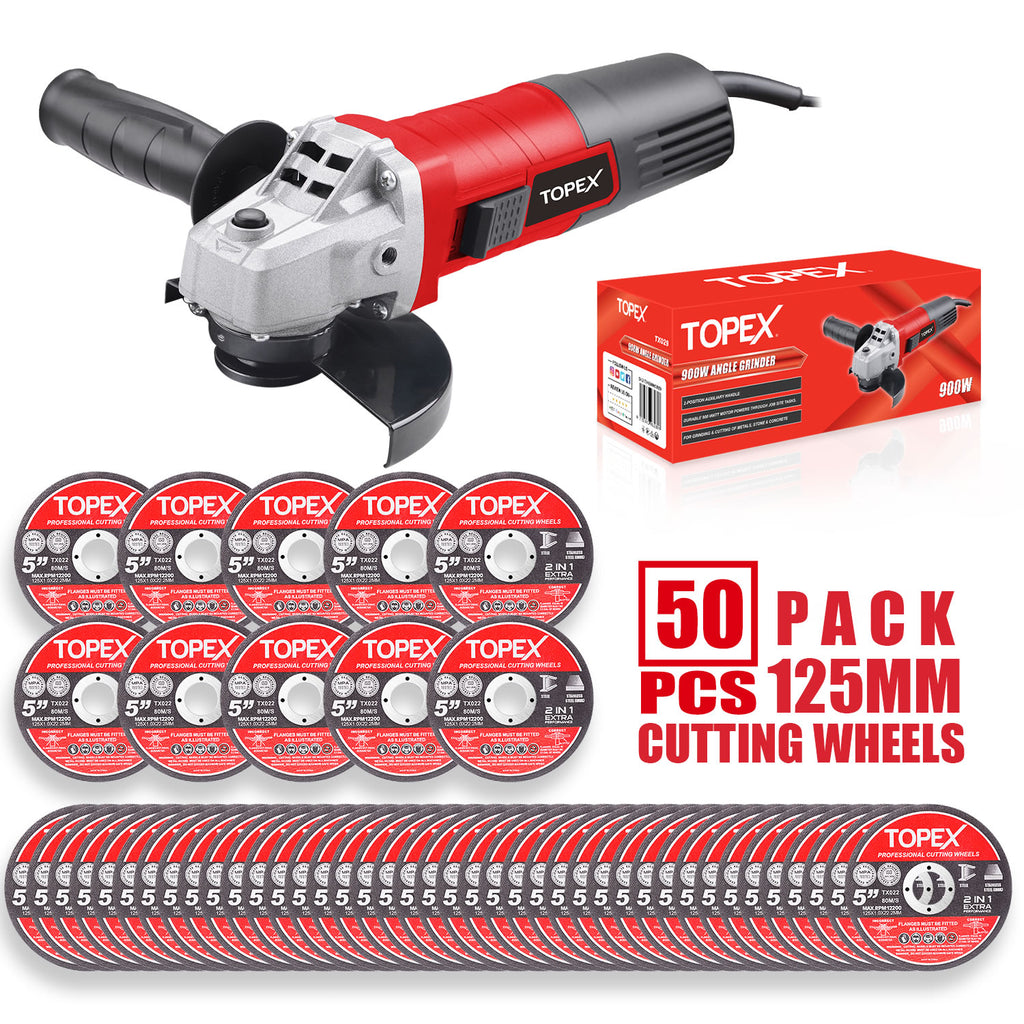 TOPEX Heavy Duty 900W 125mm 5" Angle Grinder w/ 50PCs 5" Cutting Discs