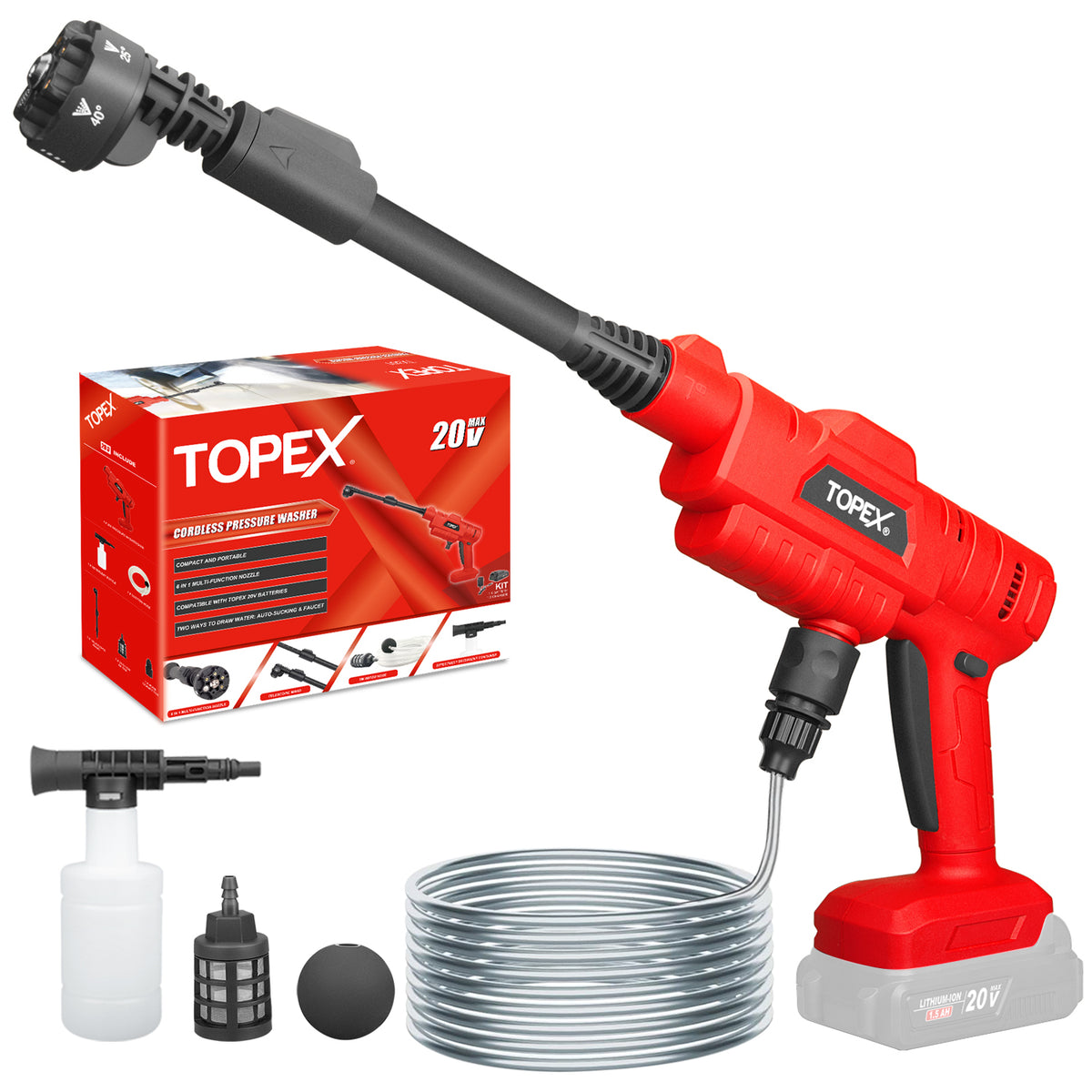 TOPEX 20V Cordless Pressure Washer Skin without Battery , 6-in-1 Nozzl ...