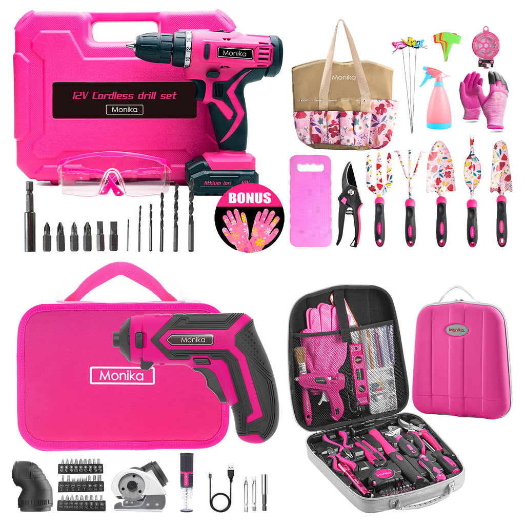 Monika Pink Power Tool Combo Set Cordless Drill Driver Rechargeable Screwdriver ELectric Cutter w/ 159PCS Household Tool Set & 20PCS Gardening Kit