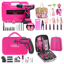 Load image into Gallery viewer, Monika Pink Power Tool Combo Set Cordless Drill Driver Rechargeable Screwdriver ELectric Cutter w/ 159PCS Household Tool Set &amp; 20PCS Gardening Kit