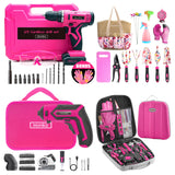 Monika Pink Power Tool Combo Set Cordless Drill Driver Rechargeable Screwdriver ELectric Cutter w/ 159PCS Household Tool Set & 20PCS Gardening Kit