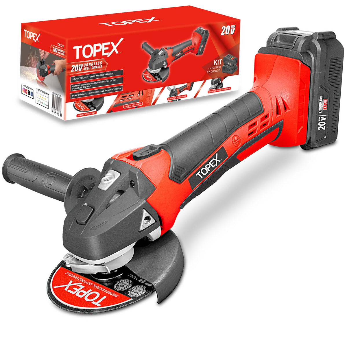 TOPEX 20V Cordless Angle Grinder 125mm Li-ion Grinding Cutting Power T ...