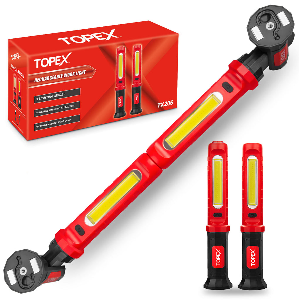 TOPEX 2 Pack Rechargeable Work Light, 2000 Lumens Magnetic LED Work Light with Hooks, 360° Rotation 3 Modes Light & 1/4" Thread for Car Repair