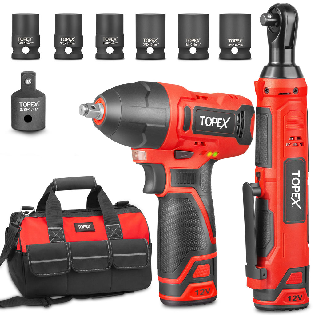 TOPEX 12V Power Tool Twin Kit Cordless Wrenches Impact Wrench with 6 Sockets & 3/8" Electric Ratchet Wrench 300RPM Variable Speed LED Light w/ 2 Lithium-Ion Batteries & 16-inch Multi-Pocket Tool Bag