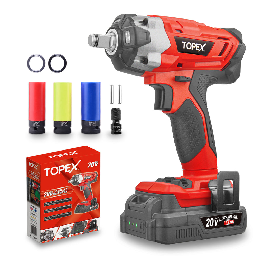 TOPEX 2 in 1 20V Cordless Impact Wrench Driver 1/2" w/ Sockets Battery & Charger(Two Batteries)