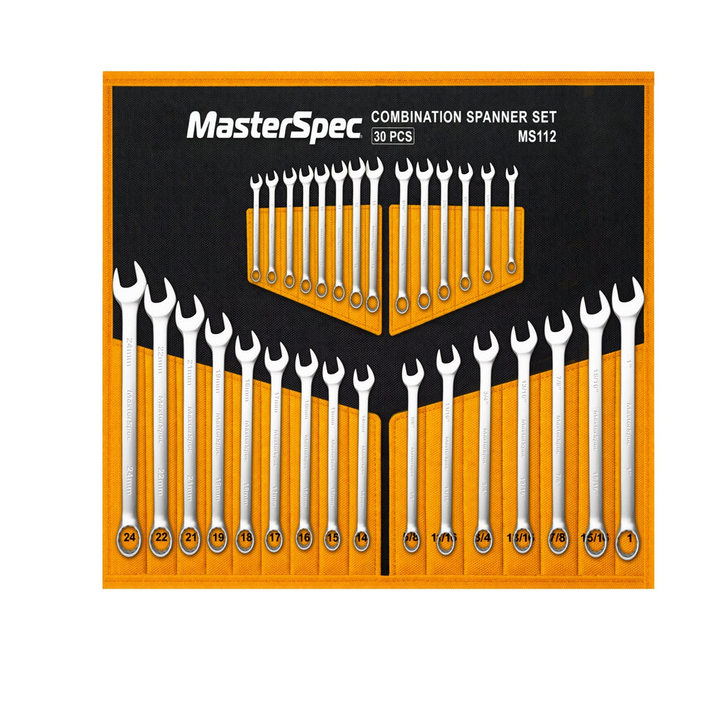 MasterSpec 30pcs Combination Spanner Set | SAE 1/4" to 1", Metric 6mm to 24mm, 15° Offset Box End & 12-Point Design for Automotive Repair Furniture Assembly