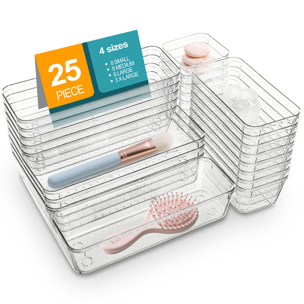Stelive 25 PCS Clear Plastic Drawer Organisers Set, 4-Size Versatile Bathroom and Vanity Organiser Trays, Non-Slip Storage Containers & Bins