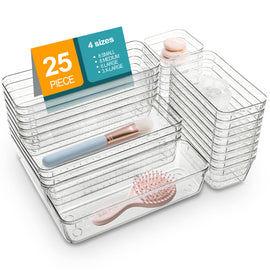 Stelive 25 PCS Clear Plastic Drawer Organisers Set, 4-Size Versatile Bathroom and Vanity Organiser Trays, Non-Slip Storage Containers & Bins