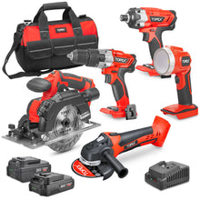 Load image into Gallery viewer, TOPEX 20V Cordless Power Tool Kit Cordless Drill Impact Driver Angle Grinder Circular Saw LED Torch w/ Tool Bag