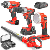 TOPEX 20V Combo Kit Hammer Drill Impact Driver Light Leaf Blower w/ 2 Batteries