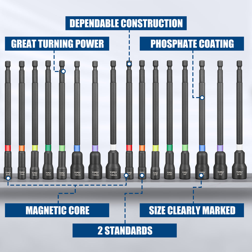 TOPEX 16Pcs Magnetic Impact Nut Driver Set Impact Grade Socket Extension Power Drill Bit Extensions Hex Shank Adapter Drill Nut Driver Tool Accessory