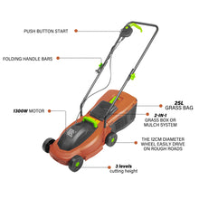 Load image into Gallery viewer, KOZYARD 1300w Electric Lawn Mower,2-in-1 Grass Box Or Mulch Electric Weeder,2-Position Height Adjustment,Cutting Width 320MM, Adjustable Cutting Height (25/40/55MM)