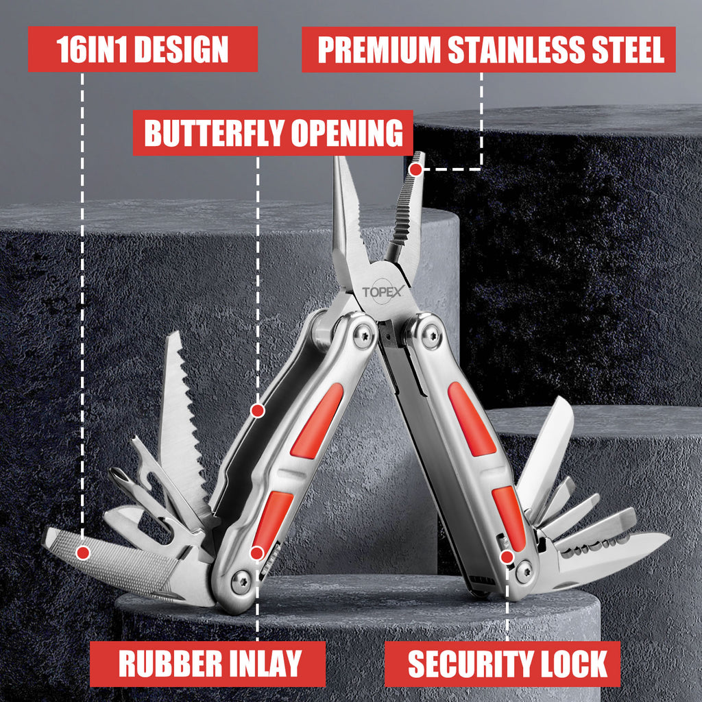 TOPEX 16-In-1 Multitool Plier, Multi Tool Pliers, Stainless Steel Plier with Safety Locking, Cutters, Knife, Screwdrivers, Wood Saw, Can Bottle Opener