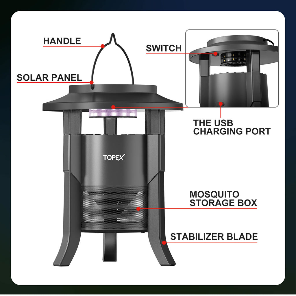 TOPEX 5W  Solar Garden Mosquito Killer Lamp, 2-in-1 Rechargeable Bug Zapper with UV Light, Removable Tray, Night Light for Indoor & Outdoor Use