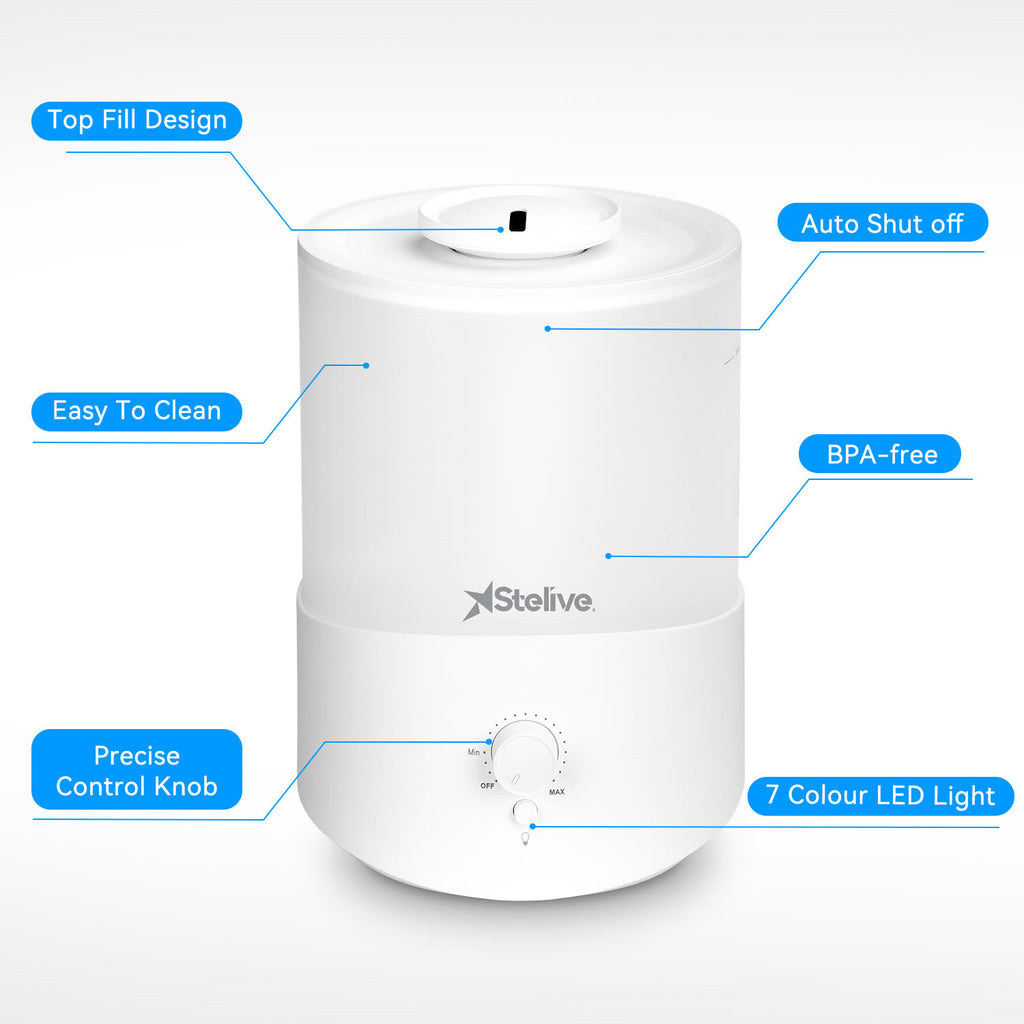 Stelive Humidifiers for Bedroom 30m2 Room, 2.5L Cool Mist Humidifier with Essential Oil Diffuser, Top Fill Humidifier for Baby, Home, Plant