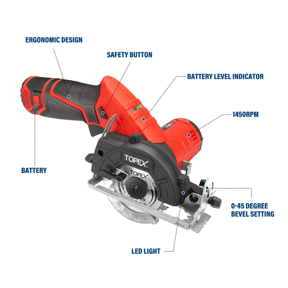 TOPEX 12V Max Cordless Circular Saw 85 mm Compact Lightweight w/ Battery & Charger