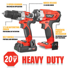 Load image into Gallery viewer, TOPEX 20V Cordless Hammer Drill Impact Driver Power Tool Combo Kit w/ Drill Bits