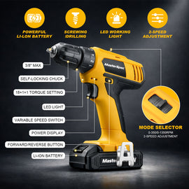 MasterSpec 20V Max Cordless Drill 30N.m 18+1+1 Torque Electric Power Drill Kit w/Li-Ion Battery Pack& Screwdriver Bit Set LED Light