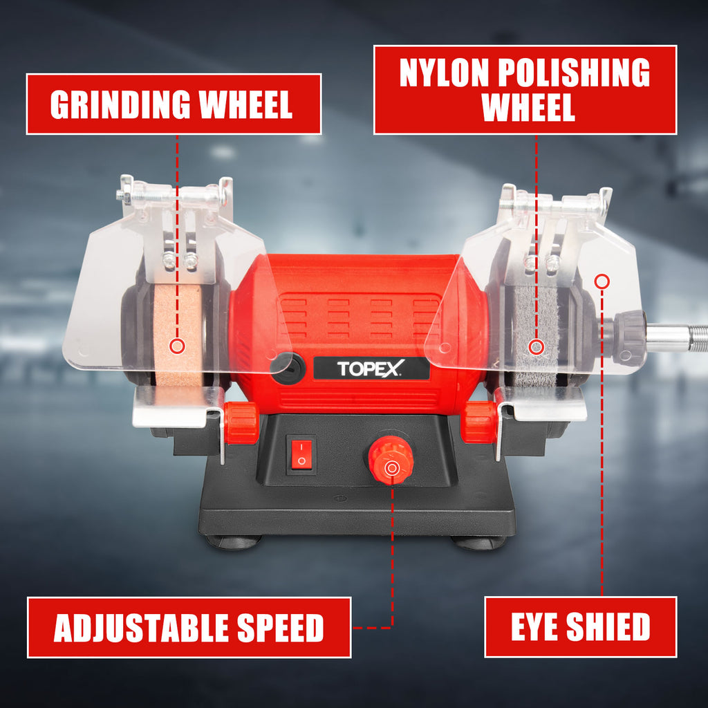 TOPEX 120W Bench Grinder w/ 2 Grinding Wheels& Adjustable Tool Rests& Eye-Protecting Shields& Static Wheel Guards