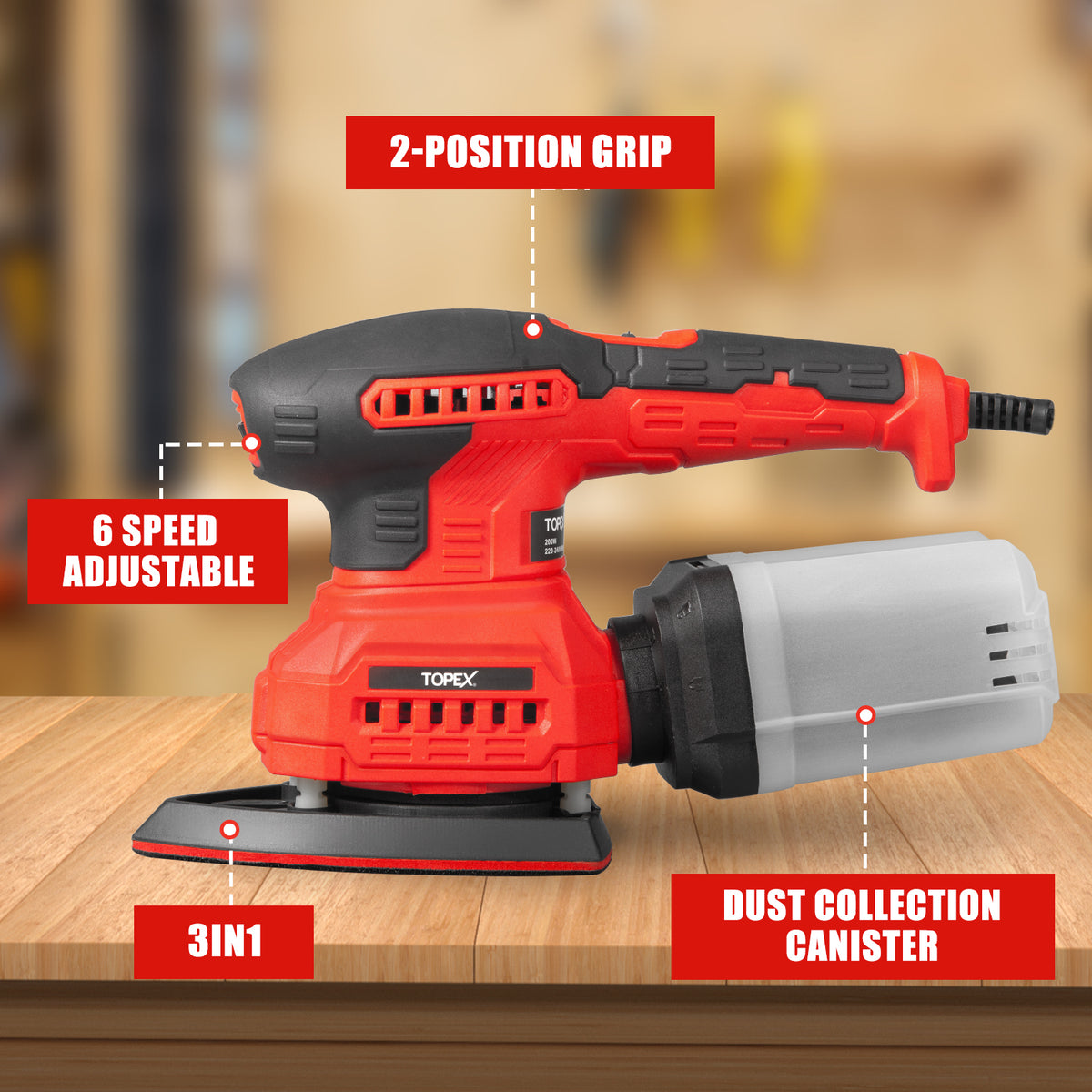 TOPEX 3in1 200W Electric Finishing Sander Sanding Tool 6 Speeds 3 Sand ...