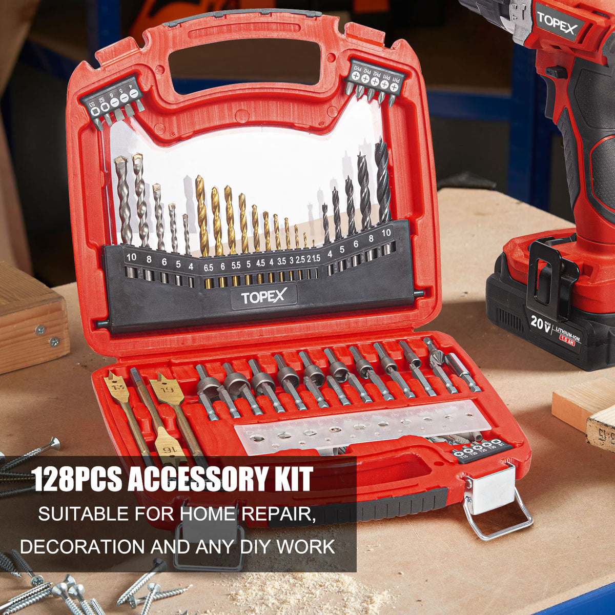 TOPEX 128 Piece Drill Bit Set HSS Titanium Drill & Screwdriver Bit Set ...