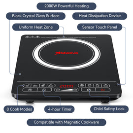 Stelive 2000W Electric Induction Cooktop Portable Kitchen Cooker 8 Power Levels Electric Burner Induction Cooker with Sensor Touch (Black)