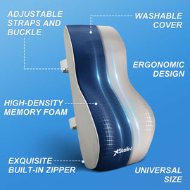 Stelive Ergonomic Back Cushion Lumbar Support Cushion Memory Foam Back Support Orthopedic Backrest Support Pillow w/ Adjustable Straps