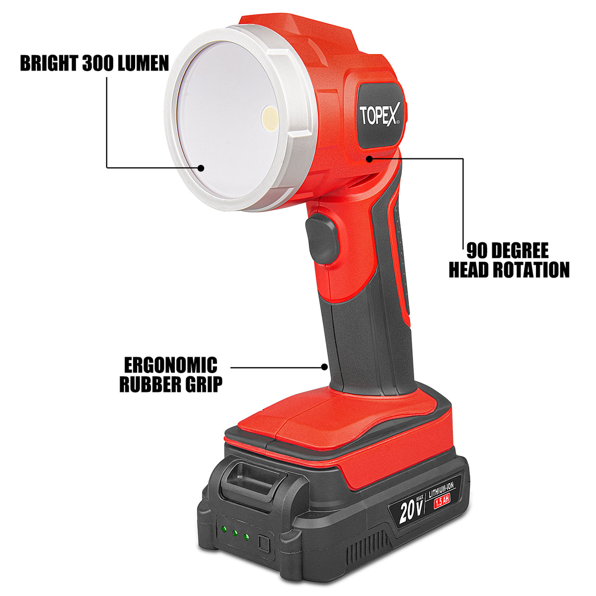 TOPEX 20V LED Light 300 Lumen Lightweight LED Torch w/ Battery & Charg ...