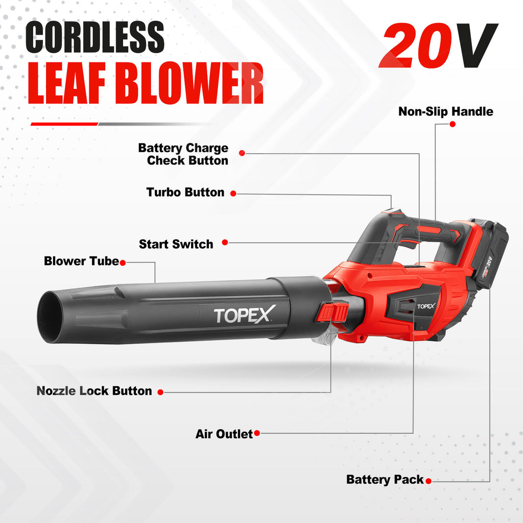 TOPEX 20V MAX Cordless Leaf Blower with 2-Speed Selection, 16,000 RPM, 144km/h Multipurpose Lightweight Leaf Blower Blow with Detachable Nozzle