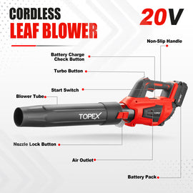 TOPEX 20V MAX Cordless Leaf Blower with 2-Speed Selection, 16,000 RPM, 144km/h Multipurpose Lightweight Leaf Blower Blow with Detachable Nozzle