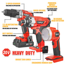 Load image into Gallery viewer, TOPEX 20 V Cordless Kit: Hammer Drill, Impact Driver, LED Light w/ Fast Charger
