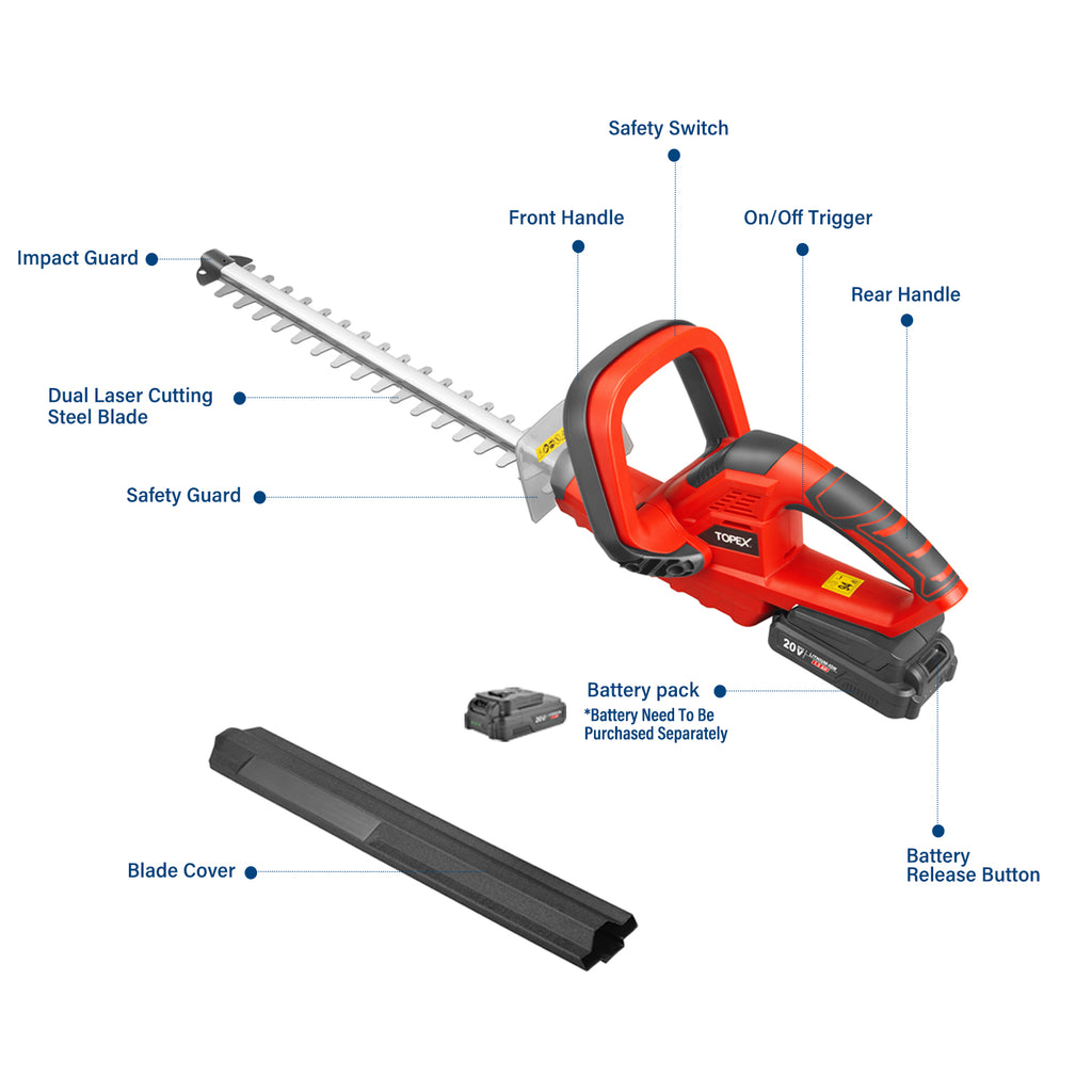 TOPEX 20V Cordless Hedge Trimmer for Shrub, Cutting, Trimming, Pruning Skin Only without Battery