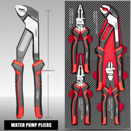 TOPEX 4 Piece Pliers Set (190 mm Diagonal Cutters, 200 mm Combination Pliers, 200 mm Long Nose Pliers, 250 mm Water Pump Pliers) for Demanding Tasks & Home Use