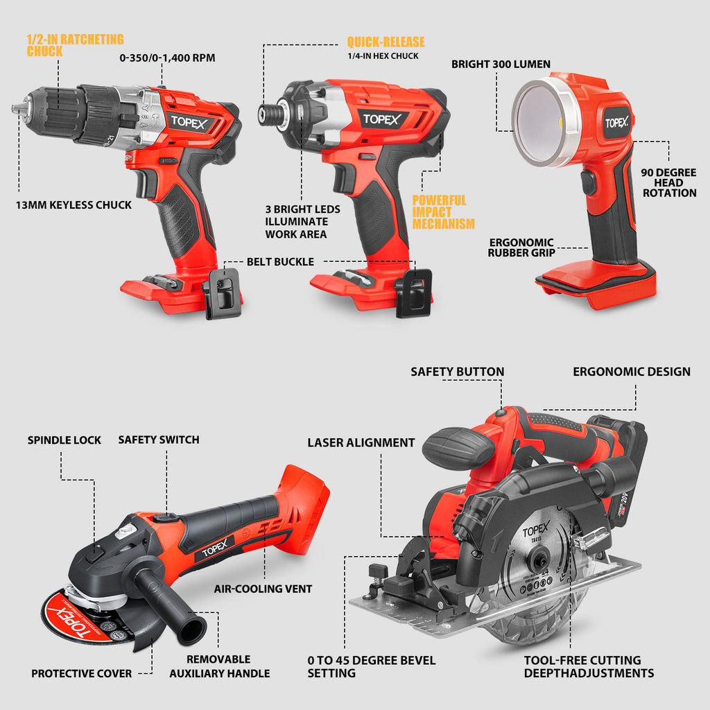 TOPEX 20V Cordless Power Tool Kit Cordless Drill Impact Driver Angle Grinder Circular Saw LED Torch w/ Tool Bag