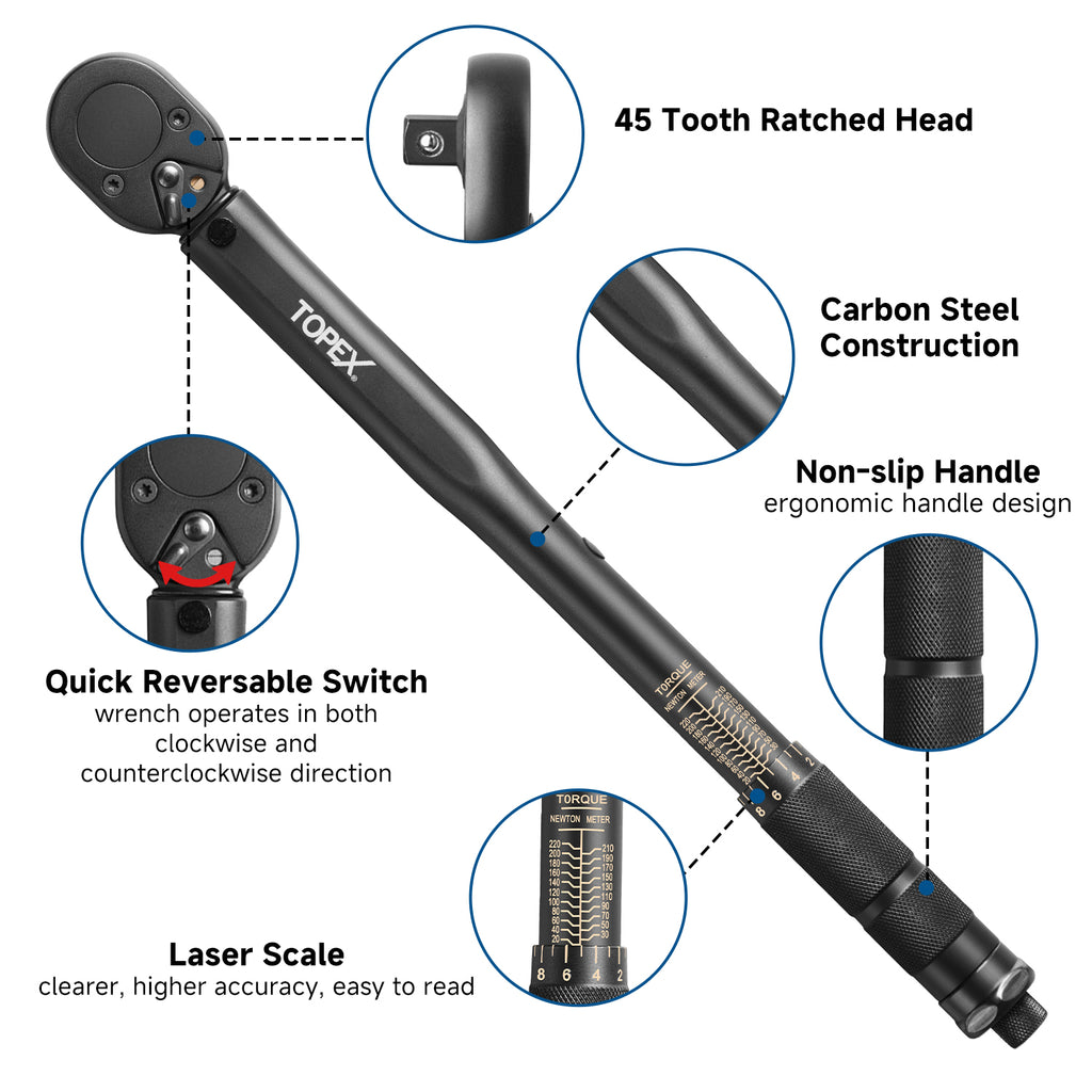 TOPEX 1/2" Torque Wrench, 20-220 Nm / 14.7-162.2 ft-lb, Dual Scale, Heavy Duty for Automotive & Mechanical Use
