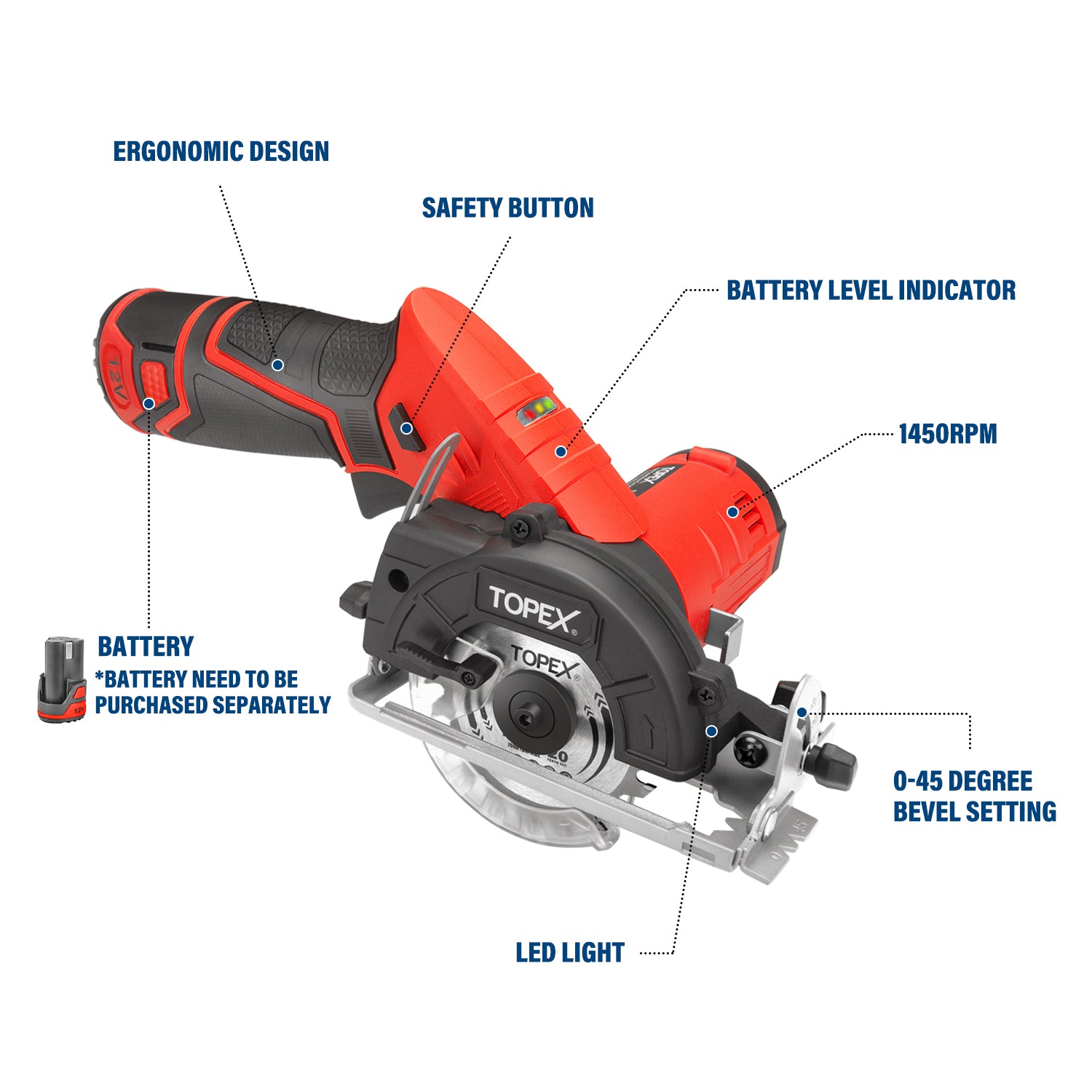 TOPEX 12V Max Cordless Circular Saw 85 mm Compact Lightweight