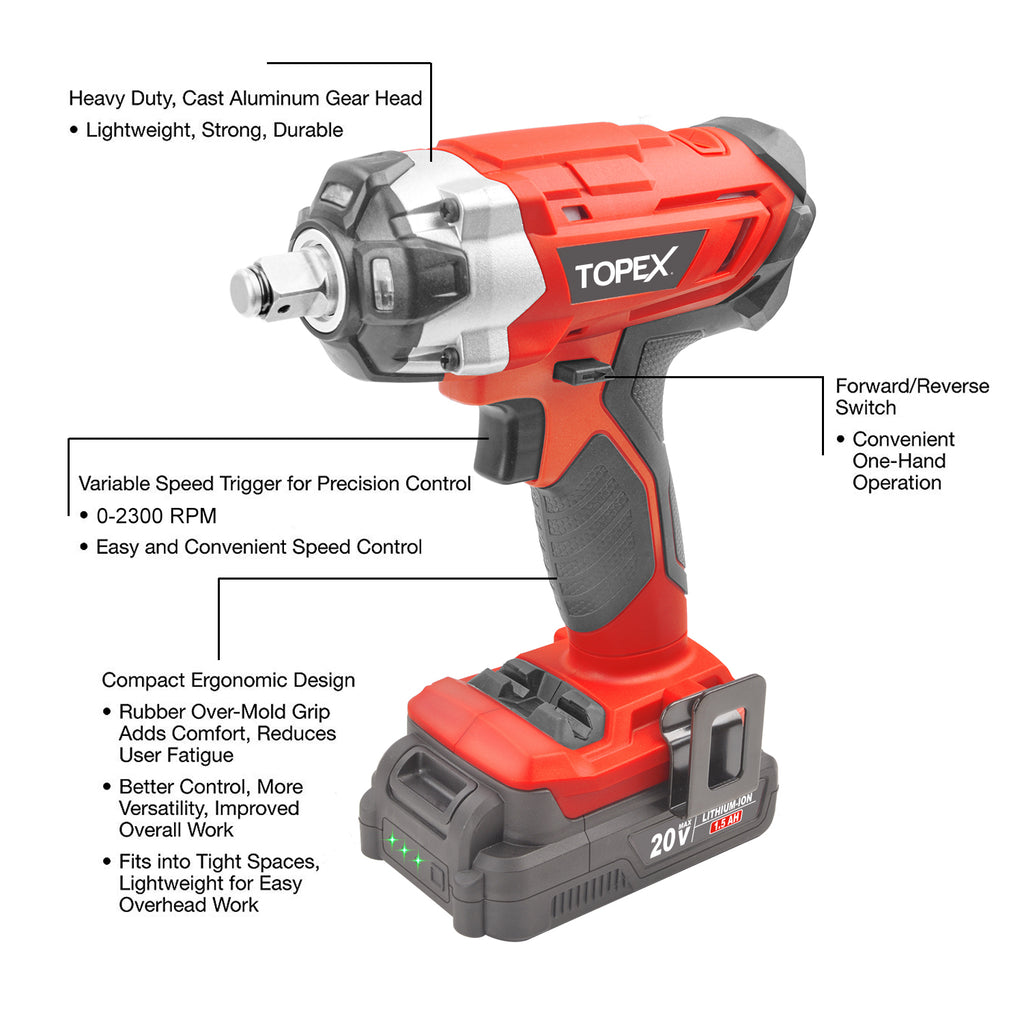 TOPEX 2 in 1 20V Cordless Impact Wrench Driver 1/2" w/ Sockets Battery & Charger(Two Batteries)