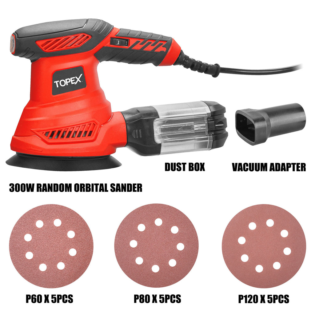 TOPEX 300W Random Orbital Sander Polisher Variable Speed +15pcs Sand Papers