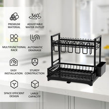 Load image into Gallery viewer, Stelive 2-Tier Dish Drying Rack Dish Drainer Cutlery Holder Dish Drainer Rack Multifunctional Storage Rack w/ Drainboard for Kitchen (Black)