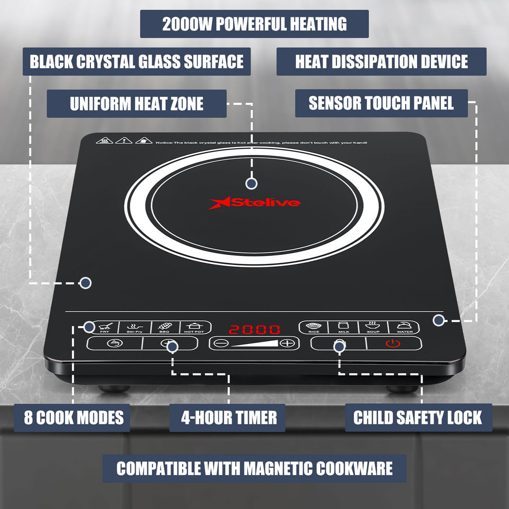 Stelive 2000W Electric Induction Cooktop Portable Kitchen Cooker 8 Power Levels Electric Burner Induction Cooker with Sensor Touch (Black)