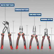 Load image into Gallery viewer, TOPEX 4 Piece Pliers Set (190 mm Diagonal Cutters, 200 mm Combination Pliers, 200 mm Long Nose Pliers, 250 mm Water Pump Pliers) for Demanding Tasks &amp; Home Use